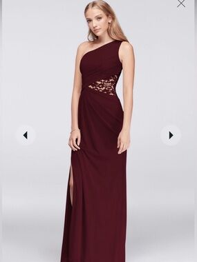 David's Bridal Burgundy One-Shoulder Evening Gown